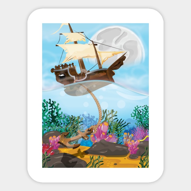 Sailing Ship on the Coral Sea Sticker by nickemporium1